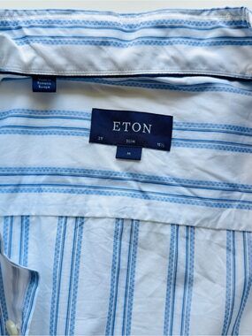 Eton Slim Fit White Dress Shirt with Light Blue Stripes size 15 1/2